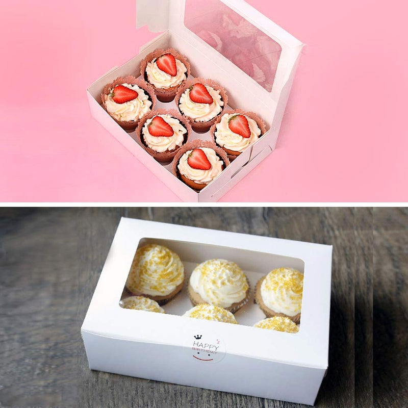 Pralb 20Pack White Cupcake Boxes with Inserts 6 Holders,White Standard Bakery Boxes with Pvc Window,Cupcake Containers Bakery Cake Box,Auto-Popup Cupcake Containers Carriers Bakery Cake Box(9x6x3inch) - Image 5